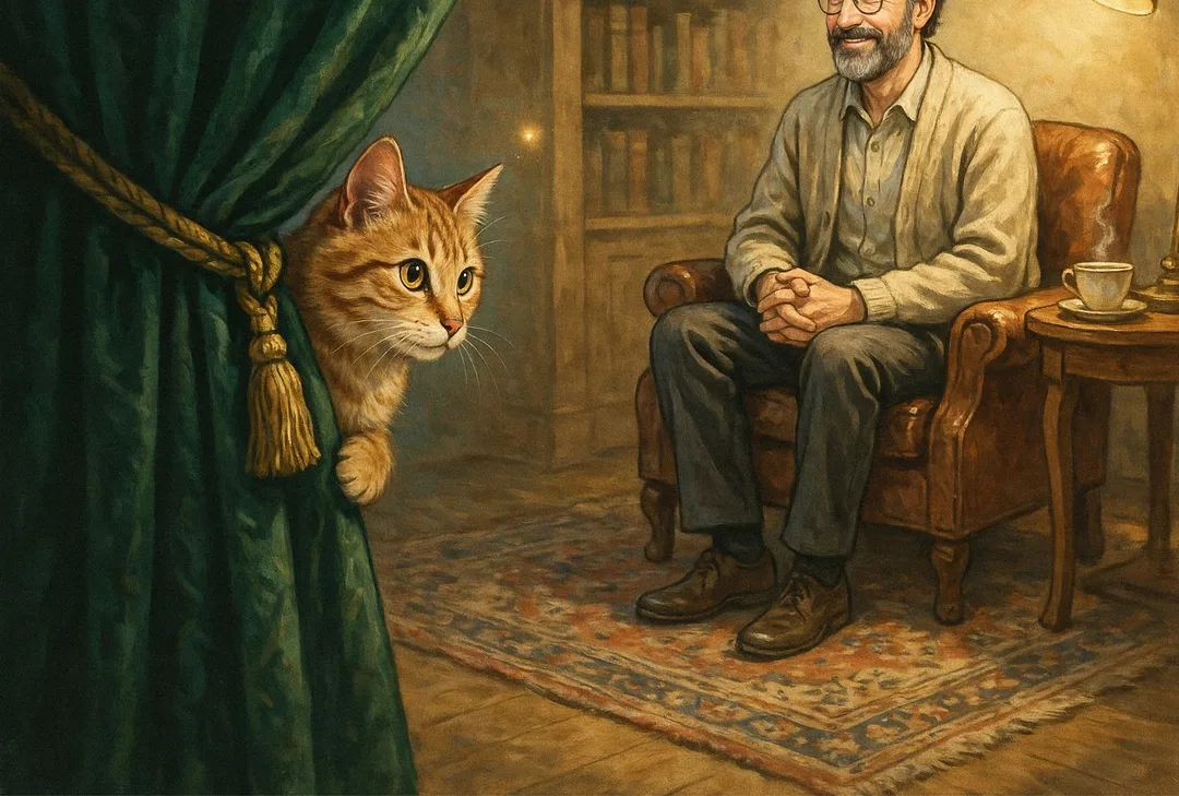 Ilustração: um gato espiando atrás de uma cortina verde para uma sala acolhedora onde um psicólogo espera com calma