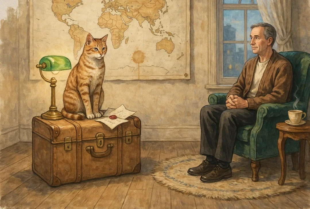 Ilustração: um gato sobre uma mala antiga diante de um mapa-múndi, com um homem sentado ao lado