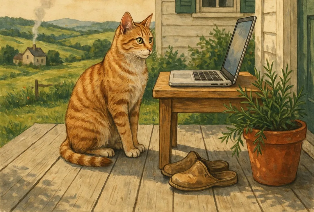 Ilustração: um gato na varanda de uma casa no campo, com um notebook aberto