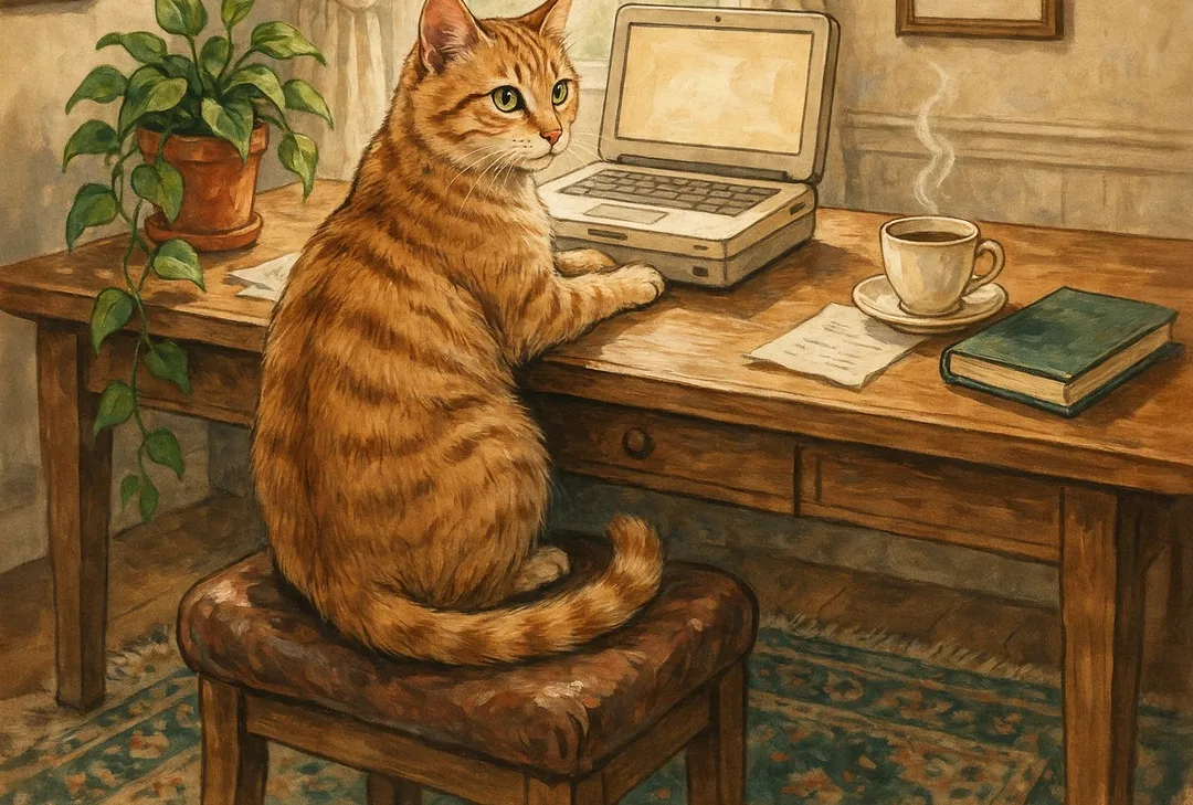 Ilustração: um gato diante de um notebook em uma mesa de madeira junto à janela