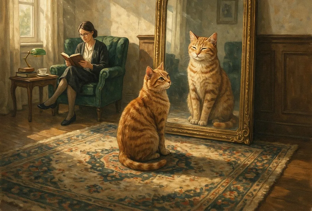 Ilustração: um gato diante do espelho e uma psicóloga lendo ao fundo, em tons de ocre e verde